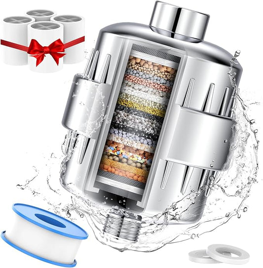 Shower Head Filter for Hard Water - 24 Stage Shower Filter Shower Water Filter with 4 Replaceable Filter Cartridges Protects Your Skin and Hair from Chlorine and Heavy Metals in Water, Chrome
