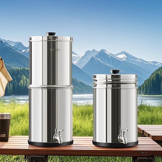 VEVOR Gravity-fed Water Filter System, 1.5G 304 Stainless-Steel Countertop System, Water Filtration System, Reduces Lead and up to 99% of Chlorine, with 2 Carbon Filters & Spigot, for Home Camping RV
