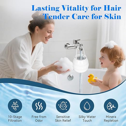 Bathtub Faucet Water Filter – 10-Stage Premium Filtration System, 5000 Gallon Capacity, Softens Hard Water, Removes Chlorine & Fluoride – Skin & Hair Protection Filter (White)