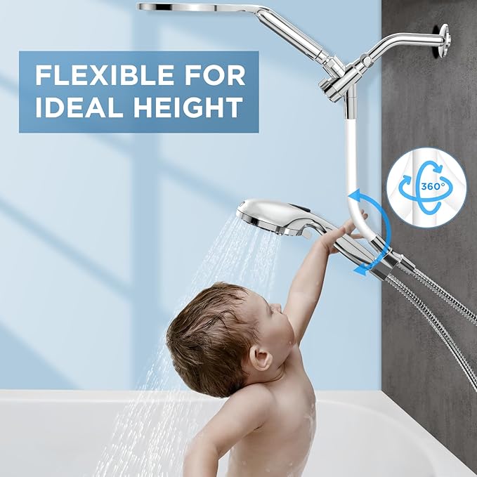 Dual Handheld Shower Head Combo, 2-in-1 Rain Shower Heads System 8 Inch Rainfall Shower Head and 10 Modes High Pressure Hand Held Showerhead with Built-in Power Wash