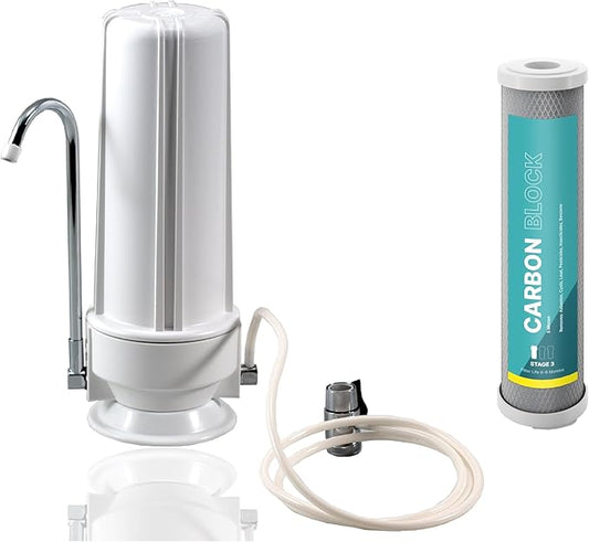NU Aqua Countertop Water Filter System 1 Stage w/Chrome Faucet + Extra Replacement Carbon Filter - Over The Counter Top Drinking Water Purifier Filtration & Dispenser for Kitchen Sink - 120-Day Trial