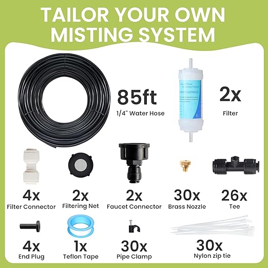 85FT Mister for Outside Patio Misting Cooling System, 85FT (26M) Misting Line+26 Brass Mist Nozzles+Water Filter, Outdoor Mister System for Garden Greenhouse Trampoline Waterparke