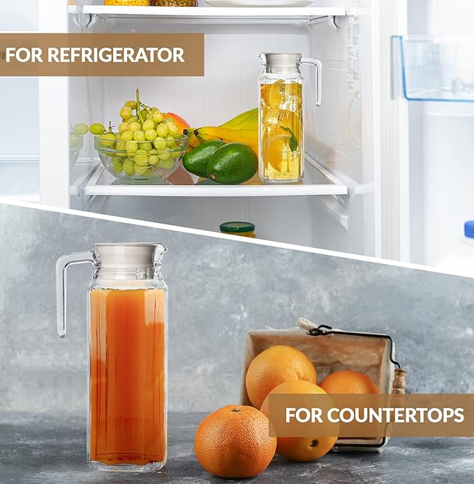 Glass Pitcher with Lid – Set of 2 34Oz Glass Water Pitcher – Cold Water Carafe For Ice Tea, Lemonade, Coffee – Elegant and Modern – Practical Spout Pitchers for Drinks