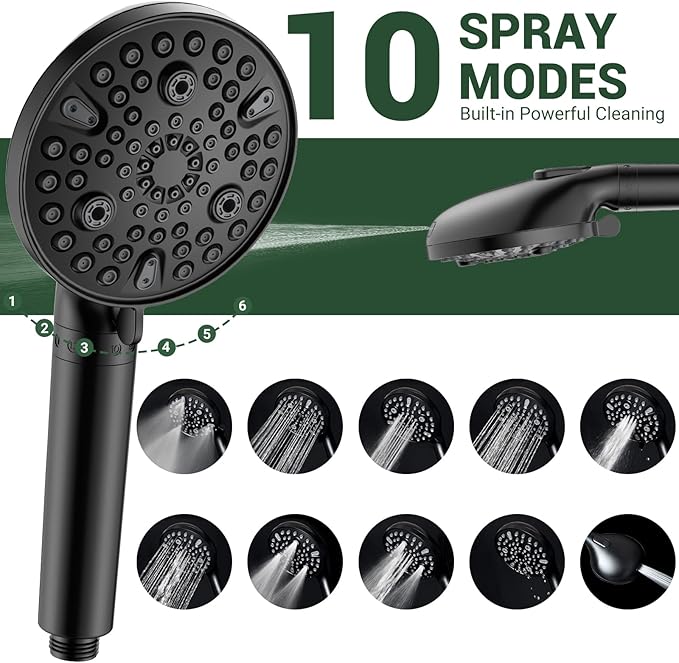 All Metal 3-Way Rain Shower Head,10 Spray High Pressure Showerhead Combo,Shower Filter Head For Hard Water, Adjustable Bar Upgrade Dual Shower Head-Reduces Dry Itchy Skin Black