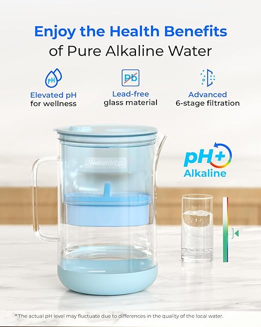 Waterdrop Large Glass Alkaline Water Filter Pitcher with 1 Filter, Enhances Alkaline Water, Eco-Friendly, 10-Cup, for Home and Office, Reduces PFOA/PFOS, Chlorine, Cadmium, Copper, Mercury, Blue