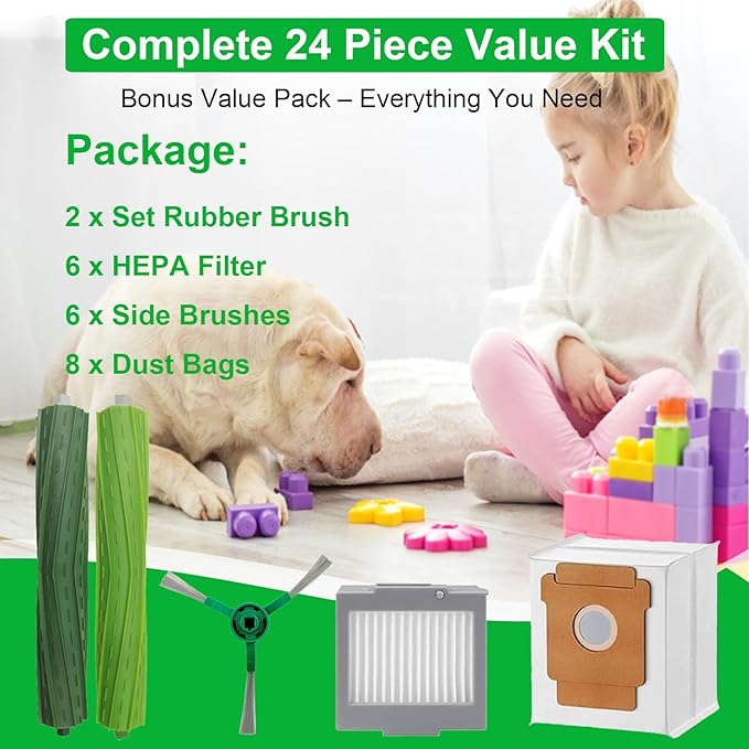 24 Pcs Replacement Parts for iRobot Plus 504 Vac, for iRobot Max 705 Vac Robot Vacuum Accessories Kit, 2 Set Rubber Brush, 6 Side Brush, 6 HEPA Filters, 8 Dust Bags