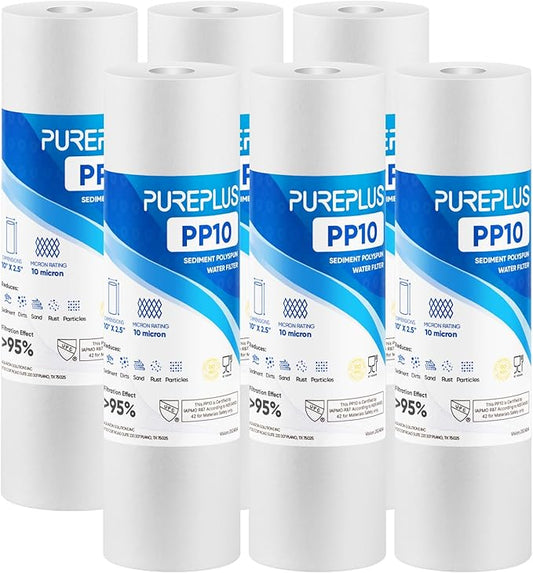 PUREPLUS 10 Micron 10" x 2.5" Whole House Sediment Home Water Filter Cartridge Replacement for Any 10 inch RO Unit, Culligan P5, Aqua-Pure AP110, Dupont WFPFC5002, CFS10, WHKF-G05, 6Pack