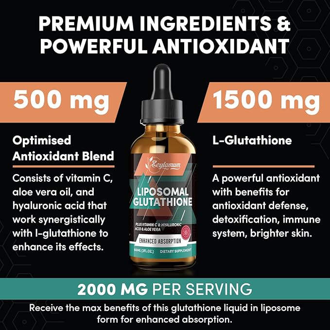 2000MG Liposomal Glutathione Liquid Drops, Ultra High Absorption, Natural Detoxification, Immune System & Skin Supprot*, L-Glutathione, Vitamin C & Hyaluronic Acid, Capsules Alternative, 4.05 OZ