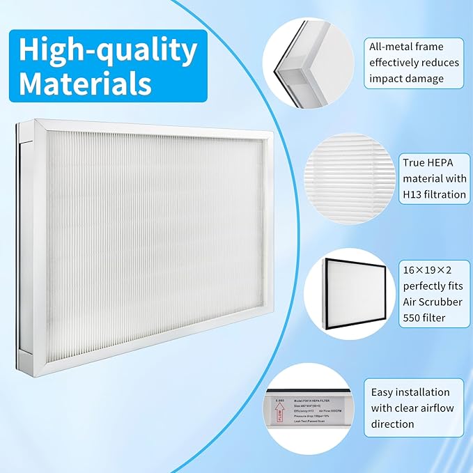 AS-550 F301H HEPA Filter, Compatible with BlueDri Air Scrubber Stage 2 HEPA 550 Air Filter, 16x19x2. Shield 550 HEPA Air Scrubber Filter Replacement, Suitable for VEVOR, Dri-Eaz, and Phoenix, 2-Pack
