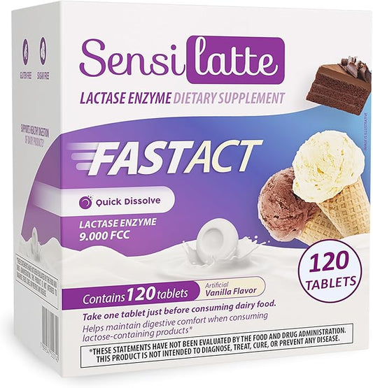 Lactase Enzyme 120 Tablets Vanilla - 9.000 FCC - Sensilatte – Quick Dissolution – Helps with Digestive Comfort – Prati Donaduzzi