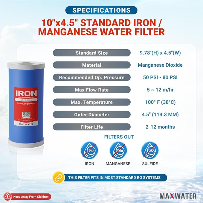 Max Water Whole House Iron and Manganese Reducing Replacement Water Filter Cartridge for Whole House Systems - 10" x 4.5" Iron Removal Filter for Well Water