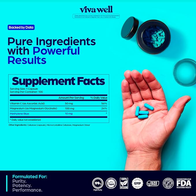 Methylene Blue Pharmaceutical Grade - #1 Upgrade from Drops - USP Grade - Methylene Blue Capsules with Magnesium Glycinate & Vitamin C for Humans - Pills for Focus, Clarity, & Energy