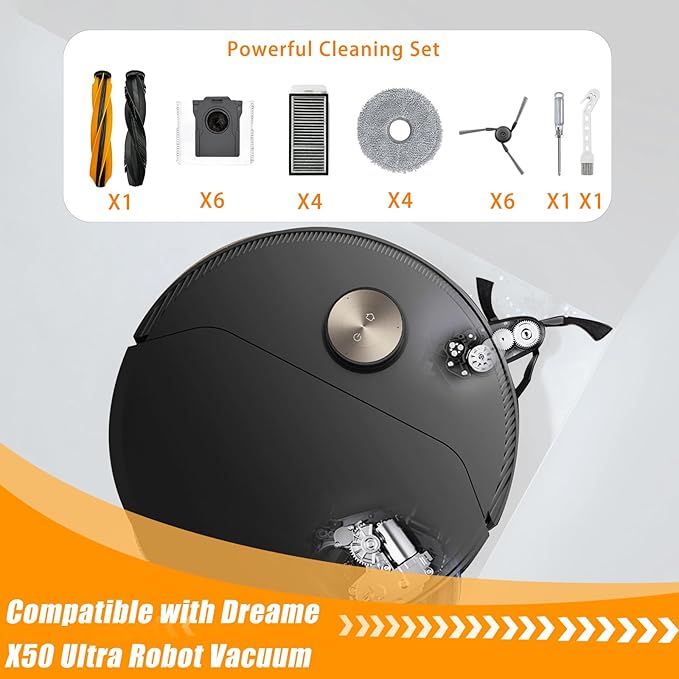 Accessories Kit for Dreame X50 Ultra Vacuum Cleaner, 1Set Main Brushes, 4 HEPA Filters, 4 Mop Pads, 6 Vacuum Bags, 6 Side Brushes, 1 Cleaning Brush, 1 Screwdriver, 24 Pack Replacement Parts