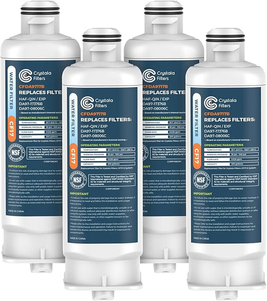 Crystala Filters CFDA9717B Replacement for DA97-17376B Water Filter, NSF 42 Compatible with Samsung HAF-QIN, HAF-QIN/EXP, DA97-08006C, RF23M8070SG, RF23M8070SR, RF23M8090SG, RF23M8570SR (4 Pack)