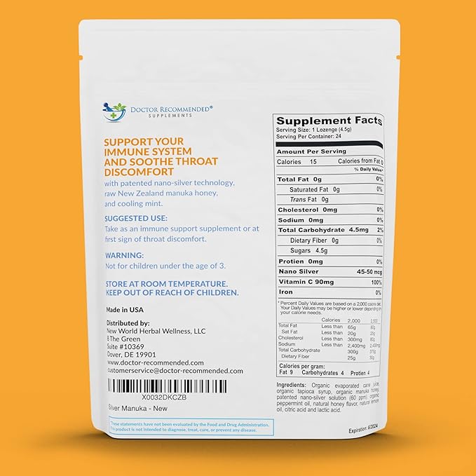 Silver Lozenges with Organic Manuka Honey and Vitamin C - All-Natural Nano Silver 45-50mcg of 60 PPM Colloidal Silver Mineral Drops to Support Immune System, Soothe, Cool Cough & Throat, 24-Lozenges