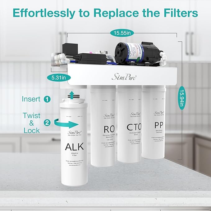 SimPure T1-100ALK Alkaline Reverse Osmosis Water Filter, Mineral Reverse Osmosis System 7 Stage, NSF/ANSI 58 Certified, Under Sink RO Water Filtration System 100 GPD with Tank, Build in Pump