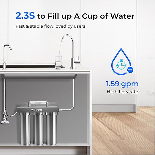 Waterdrop TST-UF-B 0.01 Micron Ultra-Filtration Under Sink Water Filter, 3-Stage Stainless Steel Under Sink Water Filtration System with Dedicated Faucet, 3 Filter Included (Drilling Required)