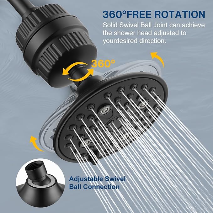 Cobbe 6-Setting High Pressure Filtered Shower Head Combo, Detachable Rain Shower Head with 20 Stage Shower Head Filter for Hard Water - Remove Chlorine and Harmful Substances, Black