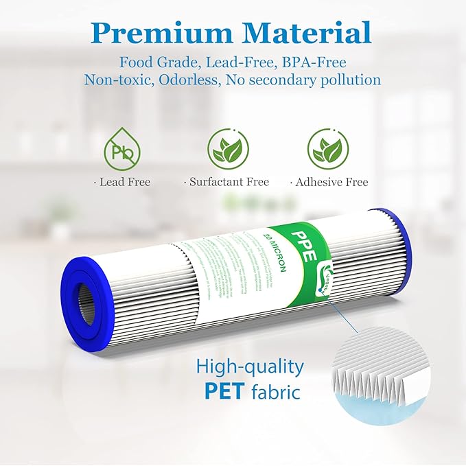 20 Micron Water Filter 10" x 2.5", 10-inch Whole House Sediment Pre-Filters for Well & Tap water, Replacement Cartridge for FXWPC, EQ-PFC35, ECP5-10, S1, 3WH-STDPL-F02, SPC-25-1005, 4-Pack