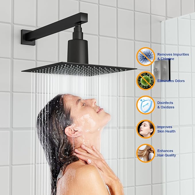 Dcolora Filtered Rain Shower Head – 10 Inch Matte Black 304 Stainless Steel with 16-Stage Water Filter, Nano Titanium Coating, Improves Skin & Hair – Filter Cartridge Included (Black, 10 Inch)