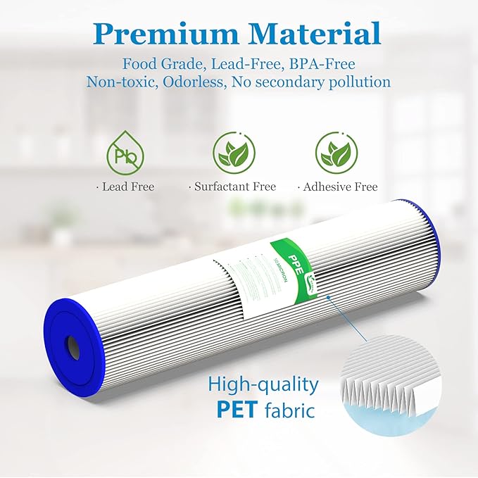 50 Micron 20-Inch Whole House Heavy Duty Water Filter Replacement Cartridge, Pleated Sediment Water Filters 4.5" x 20" for Well Water, Compatible with ECP5-20BB, R30-20BB, SPC-45-2050, 2 Pack