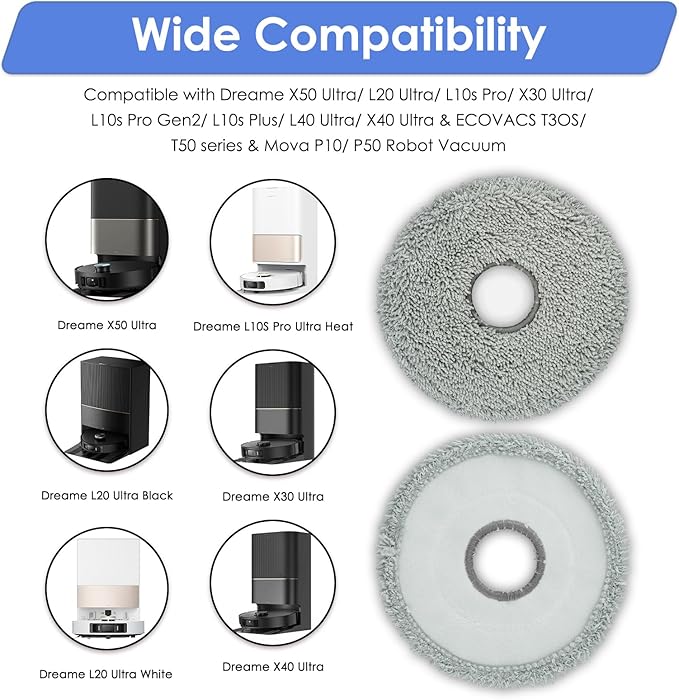 (4 Pack) L40 Ultra Replacement Mop Pads for Dreame X50 Ultra/ X40 Ultra/ X30 Ultra/ L10s Ultra/ L10s Pro Gen 2/ L10s Pro Ultra/ L10s Plus/ Mova P10 Pro Ultra Robot Vacuum, Replacement Mop Cloths