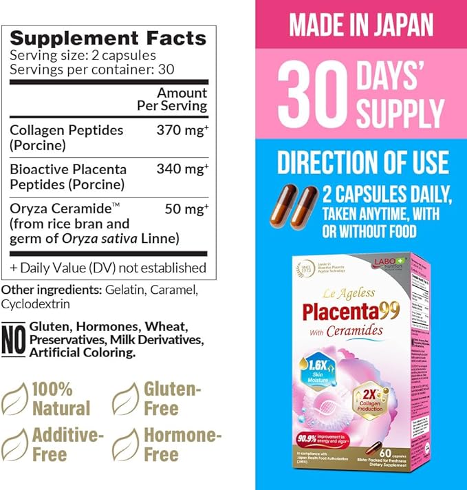 LABO Nutrition Le Ageless Placenta 99 with Ceramides -Placenta Supplement with Collagen Peptides, Oryza Ceramides -Skin Regeneration, Hydration, Anti-Aging Wrinkle Support, Immune Health, 60 Capsules