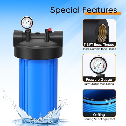 PUREPLUS 1-Stage Whole House Water Filter, with Iron Manganese Reducing Water Filter, for Well Water, 10"x4.5" Universal Housing