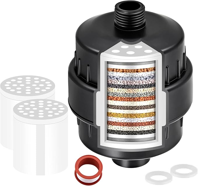 Shower Filter for Hard Water Two Replacement Cartridge High Output Shower Water Filter Silver Remove Chlorine and Fluoride(Black)