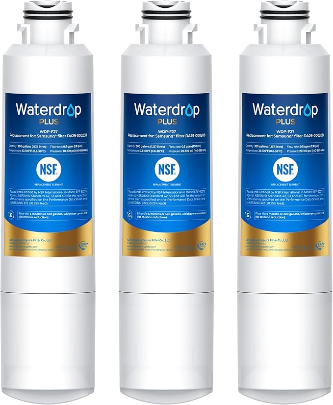 Waterdrop Plus DA29-00020B NSF 401&53&42 Certified Refrigerator Water Filter, Replacement for Samsung® Water Filter HAF-CIN/EXP, HAF-CIN, FMS-2, RF28HMEDBSR, RF263BEAESR, 3 Filters (Package May Vary)