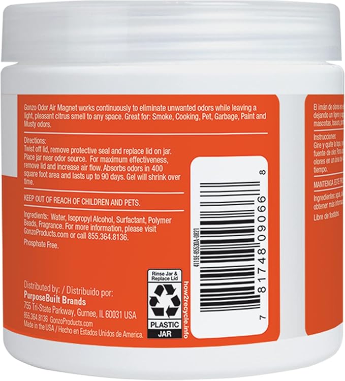 Gonzo Odor Absorbing Gel - 2 Pack - Odor Eliminator for Car Closet Bathroom and Pet Area, Captures and Freshens Odors - 14 Ounce