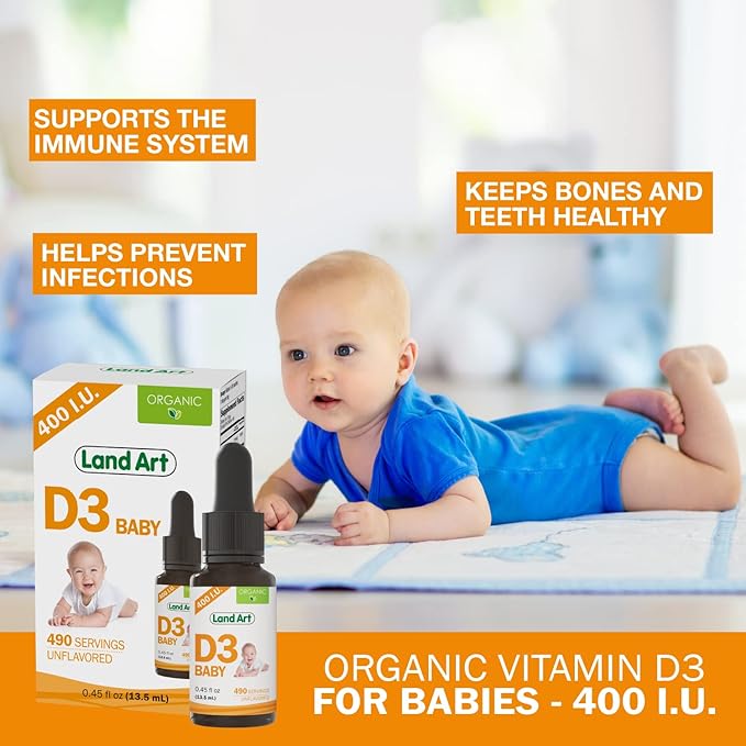 Land Art - Certified Organic Vitamin D3 Drops Baby – 400 IU per Drop – 490 Servings – Supports Bone & Teeth Development – Vitamin D Drops for Infants & Toddlers – GMO-Free - Gluten-Free – 0.45 fl oz