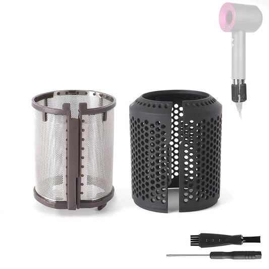 Hair Dryer Inner Filter + Outer Filter Cage Replacement for Dyson Hair Dryer HD01 HD03 HD08 Models, Hair Dryer Filter Mesh Filter Cover Cap Protect Attachments Easy Disassembly (Grey)