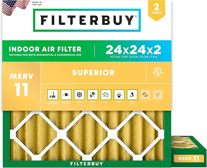 Filterbuy 24x24x2 Air Filter MERV 11 (MPR 1200) Allergen Defense Replacement (2-Pack), Electrostatic Pleated HVAC AC Furnace Filters, Made in USA (Actual Size: 23.38 x 23.38 x 1.75)