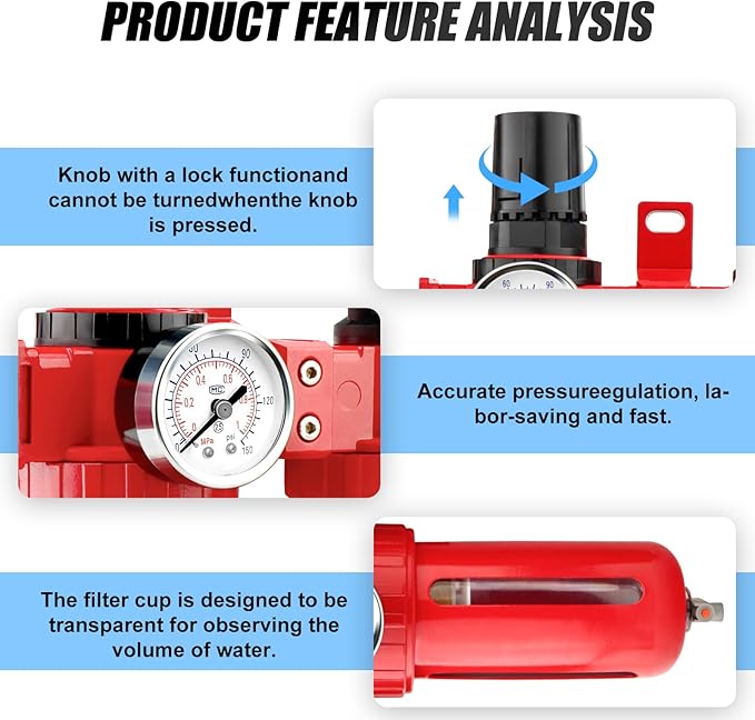 3 Stage Aluminium Air Drying System 1/4" NPT,Coalescing Filter, Particulate Filter, Desiccant Dryer and Air Regulator, Manual Drain, Mid Flow, For Plasma Cutter and Paint Spray