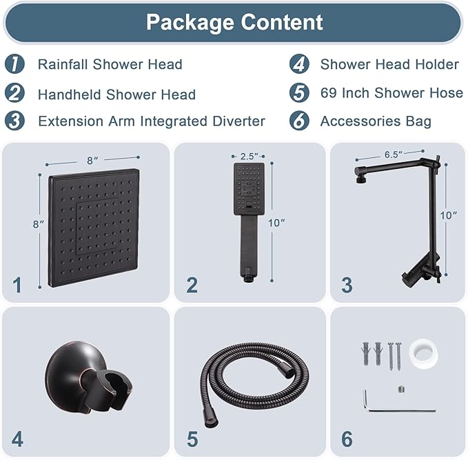BRIGHT SHOWERS High Pressure Rain Shower Head Combo with Double Extension Arm, 8 Inch Rainfall Shower Head with Handheld Spray, Height Adjustable Dual Square Showerhead Set, Oil-Rubbed Bronze