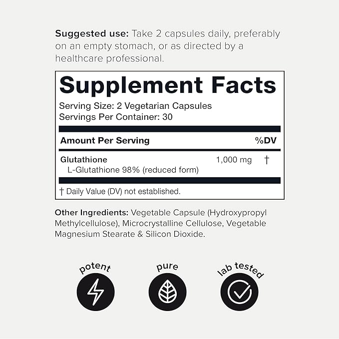 Toniiq Ultra High Strength Glutathione Capsules - 1000mg Concentrated Formula - 98%+ Highly Purified and Bioavailable - Non-GMO Fermentation - 60 Capsules Reduced Glutathione Supplement