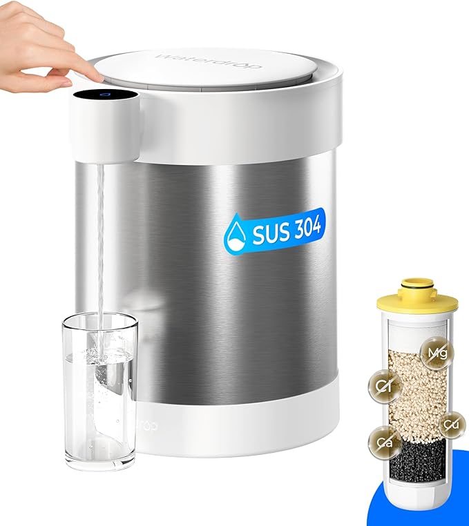 Waterdrop Rechargeable Non-Gravity Water Filter System, 5-Stage Stainless Steel Countertop Filtration, Reduce 70+ Contaminants, Includes Lead, Chlorine and Cadmium, 22-Cup Water System, with 1 Filter