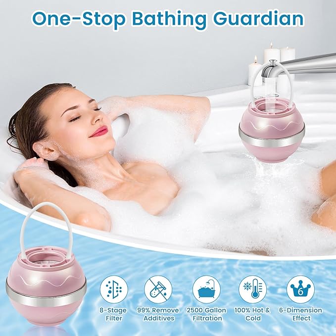 Bath Filter for Tub,Bath Water Filter for Softer Hair&Skin, 8 Stage Filtration Bathtub Water Filter 2,500 Gallons, 6 Dimensional Effect，BPA Free Easy to Install for Home, Hotels&Spa（Light Pink）