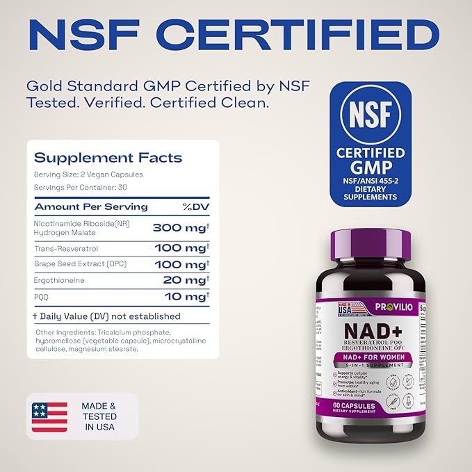 NAD+ Supplements for Women - NAD Resveratrol Supplement with Nicotinamide Riboside, Trans-Resveratrol, PQQ and OPC for Energy, Focus, Healthy Aging - USA Made