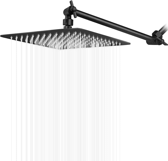 HarJue High Pressure Large Stainless Steel Square Rain ShowerHead With Shower Arm Waterfall Full Body Coverage Easy to Clean and Install (12 Inch With Arm, Matte Black)