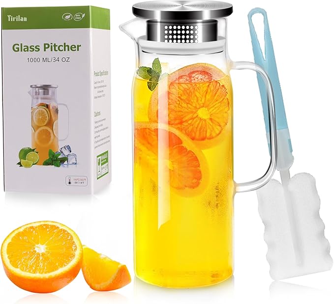 Glass Pitcher, 34 oz / 1 Liter Glass Pitcher with Lid, Glass Water Pitcher, Glass Carafe with Lid