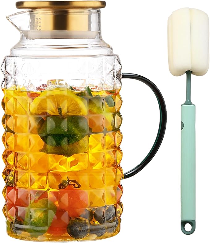 2 Liter (68oz) Glass Pitcher with Lid and Spout, Heavy Duty Water Jug with Handle Borosilicate Heat Resistant Carafe for Hot/Cold Drinks -for Iced Tea, Coffee, Lemonade, Infused Water