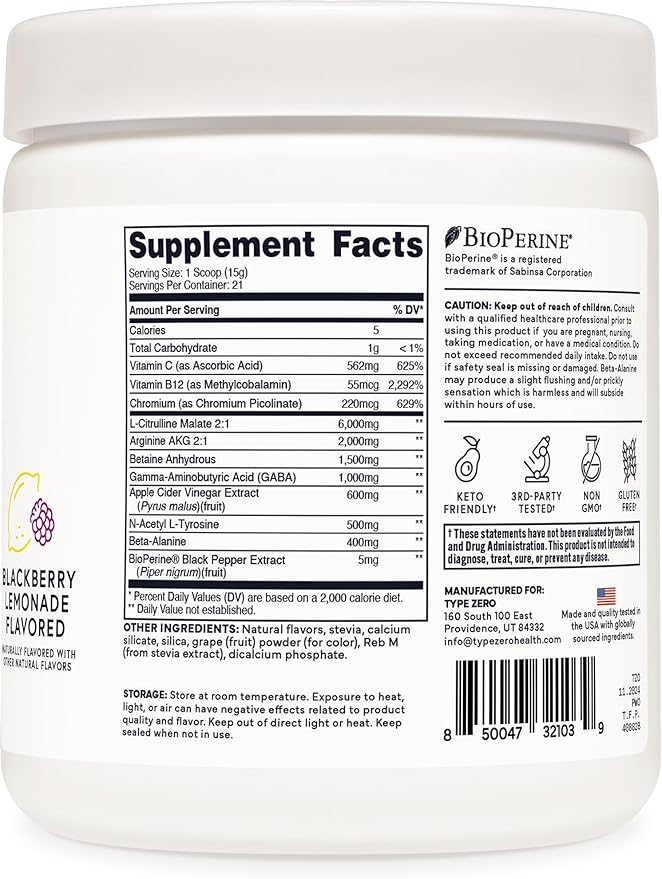 Type Zero Ultra Clean Stim Free Pump Pre Workout (Blackberry Lemonade) Beetroot, Arginine, Citrulline Malate, Betaine, Beta A, ACV+ Sugar/Caffeine Free Non Stim Preworkout Men & Women