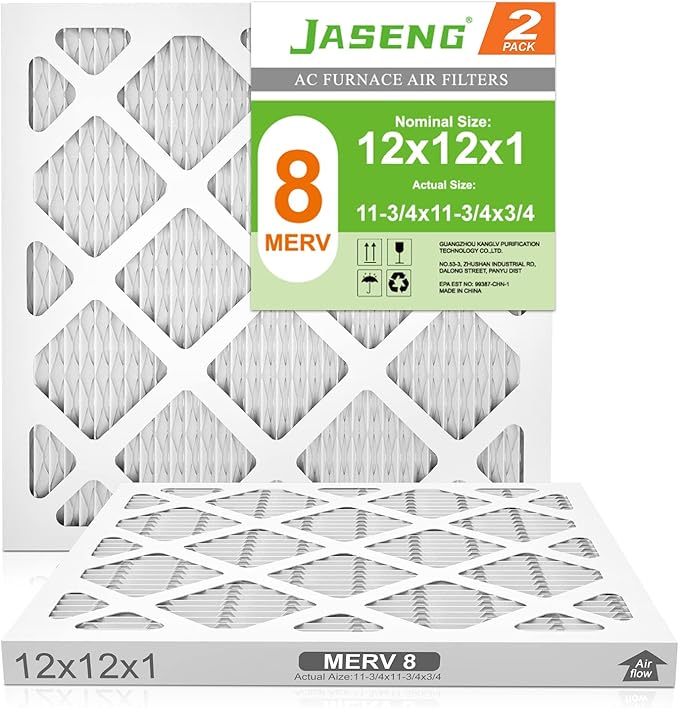12x12x1 AC Furnace Air Filters,(2-Pack) MERV 8 Dust Defense, JASENG MPR 600 Pleated HVAC Replacement Air Filter (exact dimensions: 11 3/4"x11 3/4"x3/4")