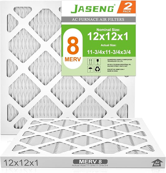 12x12x1 AC Furnace Air Filters,(2-Pack) MERV 8 Dust Defense, JASENG MPR 600 Pleated HVAC Replacement Air Filter (exact dimensions: 11 3/4"x11 3/4"x3/4")