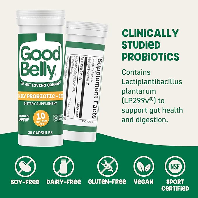 GoodBelly Probiotic Capsules for Digestive Health & Iron Absorption | Vegan Probiotic Supplement with 10 Billion Live Cultures | Probiotics for Women & Men | 30 Capsules