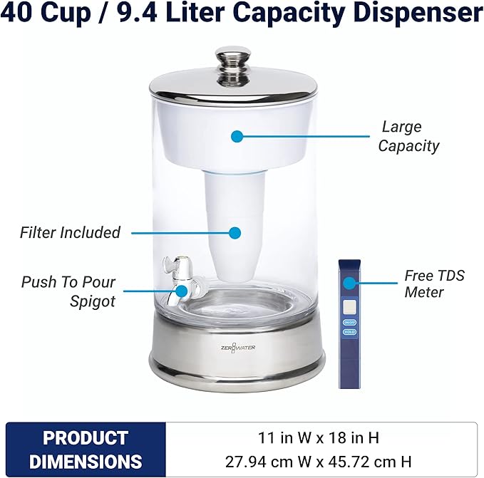 ZeroWater 40-Cup Ready-Pour 5-Stage Round Glass Water Filter Dispenser with 5-Stage 0 TDS Water Filter – IAPMO Certified to Reduce Lead, Chromium, and PFOA/PFOS