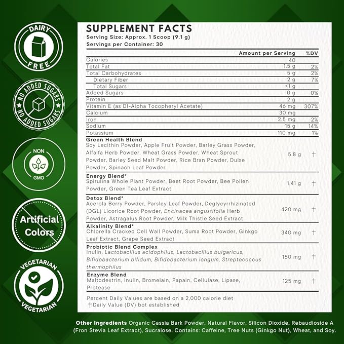 Super Greens Powder with 24+ Superfoods, Premium Nutrient-Dense Blend, Promotes Immunity & Energry Levels, Supports Disgestion & Gut Health, Apple Cinnamon Flavor, 9.6 oz