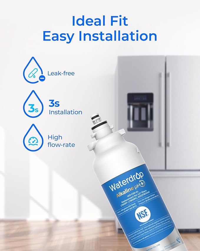 Waterdrop 𝐀𝐥𝐤𝐚𝐥𝐢𝐧𝐞 ADQ73613401 Water Filter, 𝐄𝐧𝐡𝐚𝐧𝐜𝐞𝐬 𝐩𝐇, Replacement for LG® LT800P®, ADQ73613402, ADQ75795104, LSXS26326S, LMXC23746S, LSXS26366S, LSXS26386D, 4 Filters